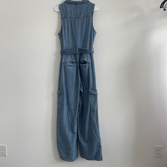 Universal Thread Jumpsuit Coverall Women 4 Blue Denim Baggy Cargo Belt Sleeveles - Picture 2 of 12